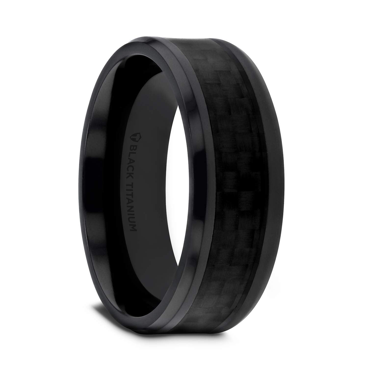 Thorsten Oxyn | Titanium Rings for Men | Lightweight Titanium | Comfort Fit | Custom Engraving | Black Titanium Polished Beveled Edges Black Carbon Fiber Inlaid Men’s Wedding Band - 8 mm