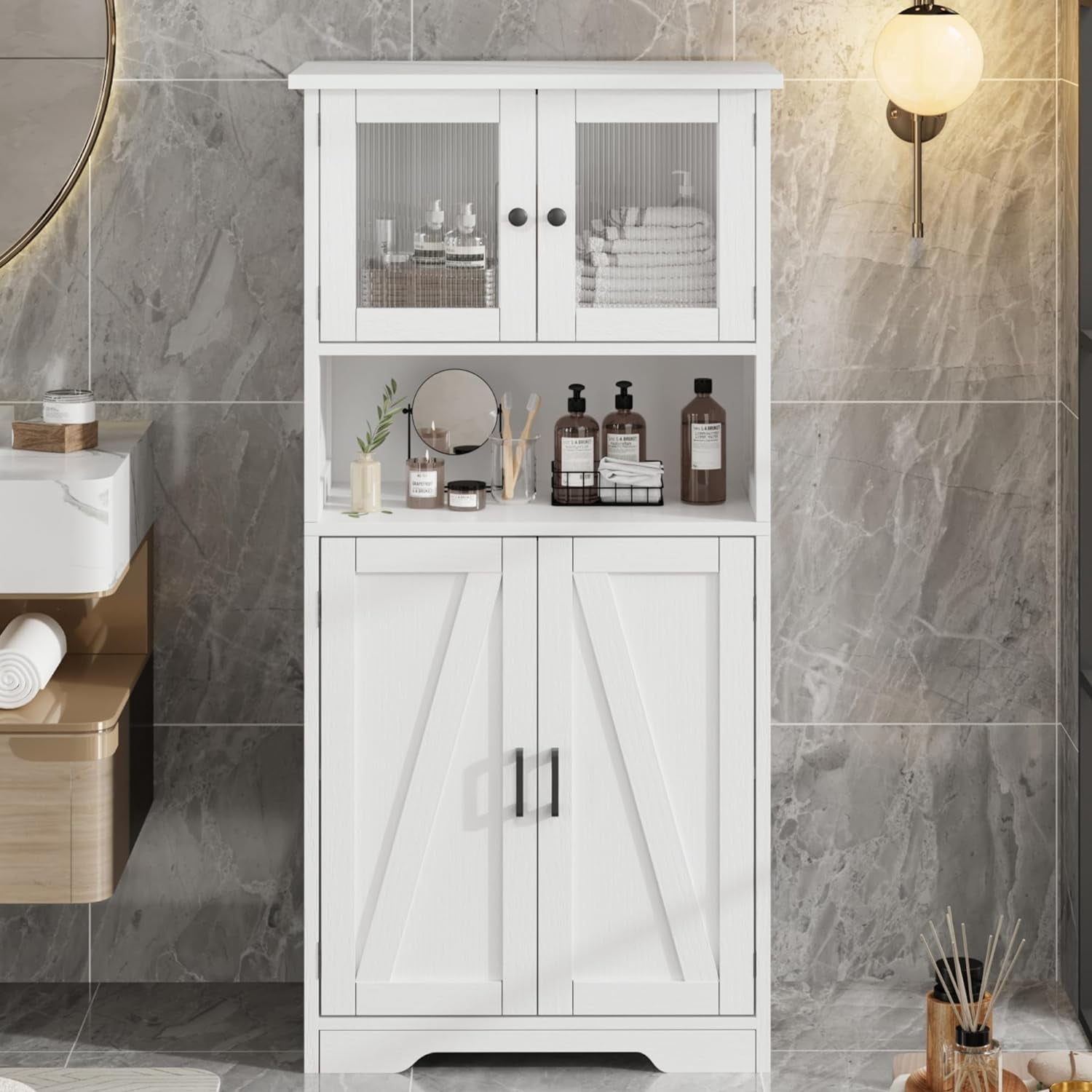 Freestanding Linen Storage Cabinet with Glass Doors, Versatile Kitchen Pantry and Living Room Cupboard with Adjustable Shelves (White)