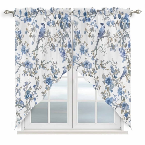 Blue Floral Birds Kitchen Window Curtains, Swag Curtains Valance for Bedroom Living Room Bathroom, Farmhouse Flowers Pastoral Rod Pocket Window Treatment Curtain Block Drapes 2 Panels 36"x36"