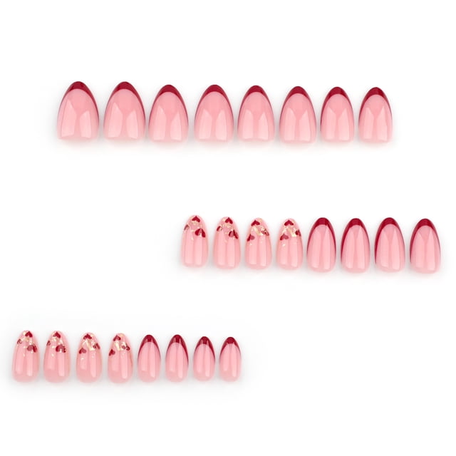 24 uñas postizas con diseño de corazones rojos para San Valentín, ideales para usar.