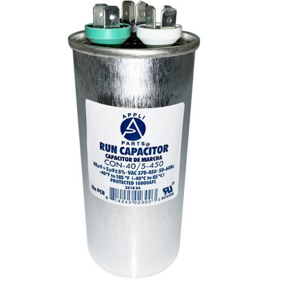 Appli Parts Dual Run Capacitor for ac 40 5 Mfd uF (microfarads) 370 VAC or 450 VAC CBB65 Round Universal fit for hvac and other applications 4-3/4 in High 2 in Wide CON-40/5-450