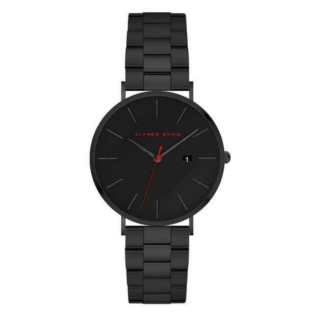 Alfred Sung Noir Metropolitan Date Cadran Noir avec accents Rouges et Bracelet Montre en Acier Inoxydable