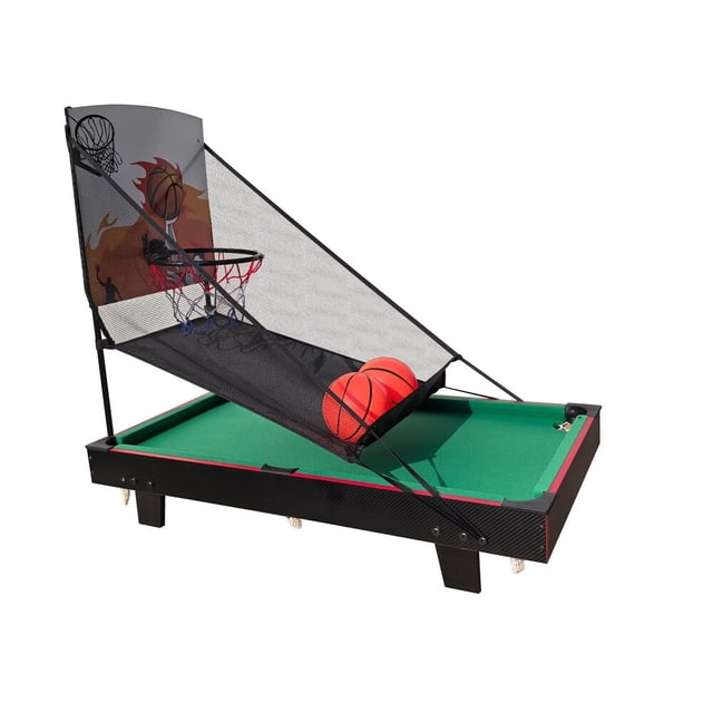 2-in-1 Kids Game Table with Mini Pool and Basketball, 36 Inch Indoor Combo Game Table with Accessories, Compact Playroom Activity Table