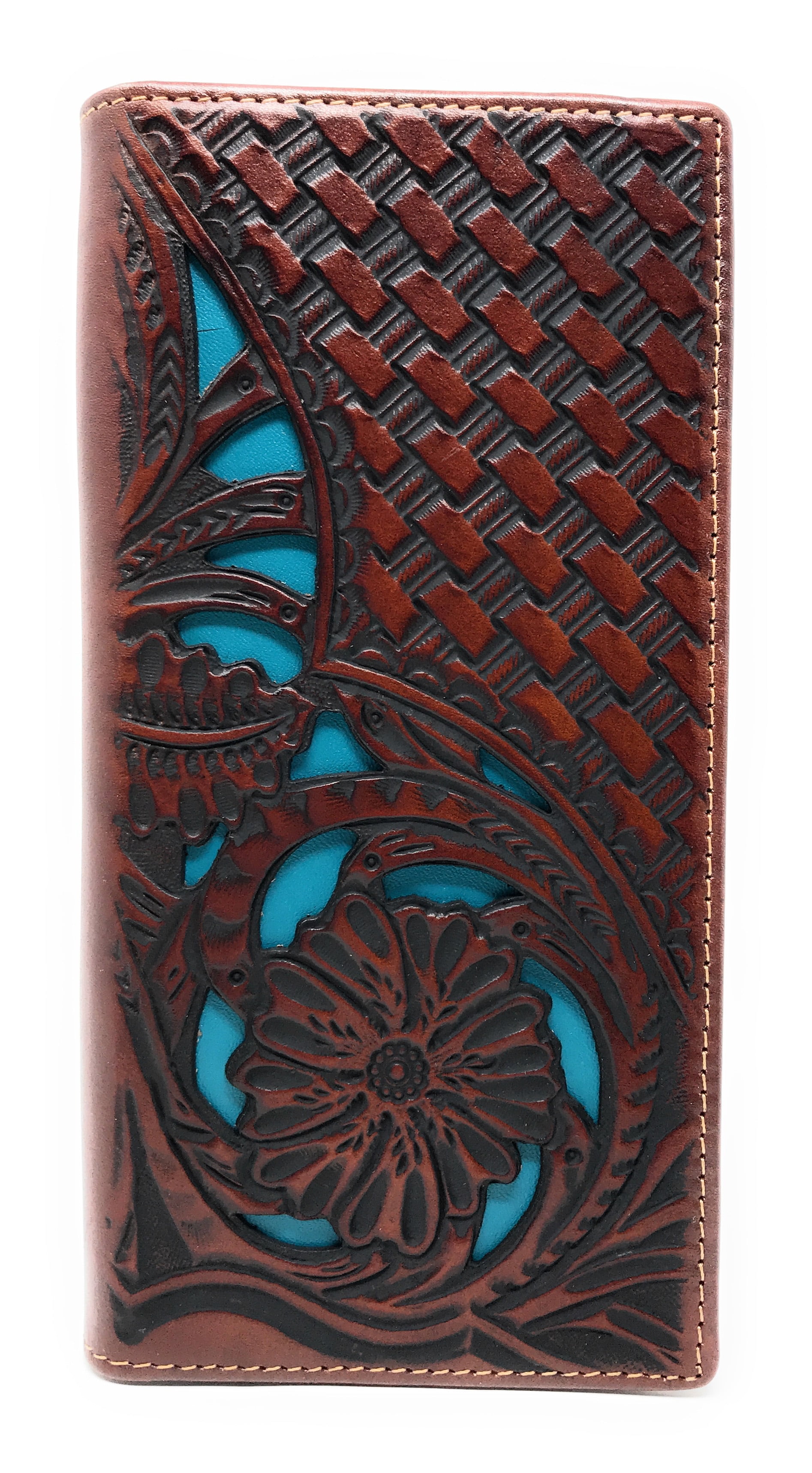 Men's Genuine Leather Rooster Bifold Wallet - Laser Cut Western Design, 7.5" Long