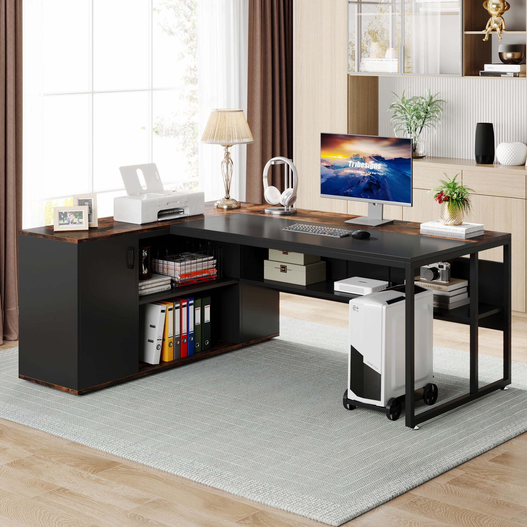 Tribesigns 71 inch L Shaped Executive Desk with Cabinet Storage, Rustic Brown Business Furniture Desk Workstation with Shelves for Home Office