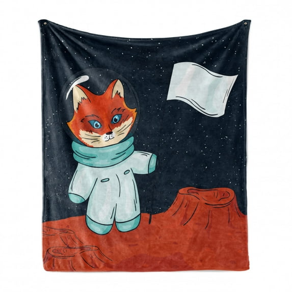 Explore Soft Flannel Fleece Throw Blanket, Fox Cosmonaut Raising a Flag on an Alien Planet Outer Space Themed Illustration, Cozy Plush for Indoor and Outdoor Use, 60" x 80", Multicolor, by Ambesonne