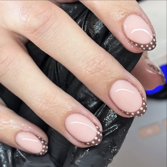 Autumn and winter wear nail nail piece short round French brown manicure fake nail white polka dot dot nail piece wholesale