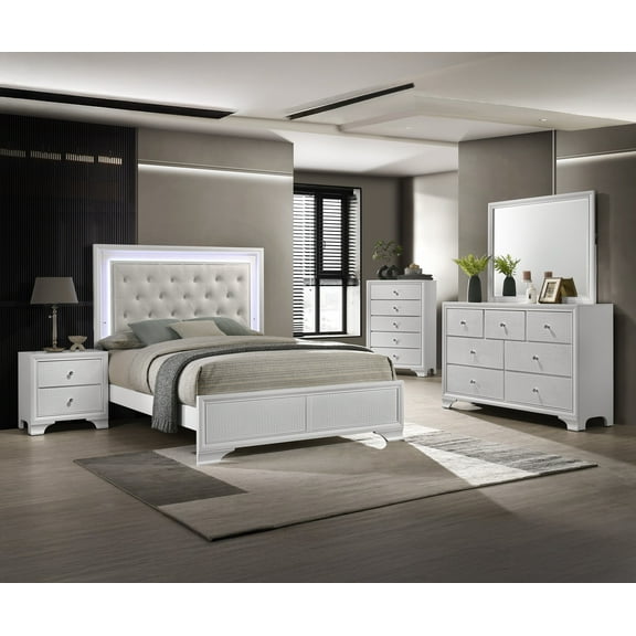 5pc Modern Crisp White Tufted Headboard LED Queen Size Bed Set Bedroom Furniture