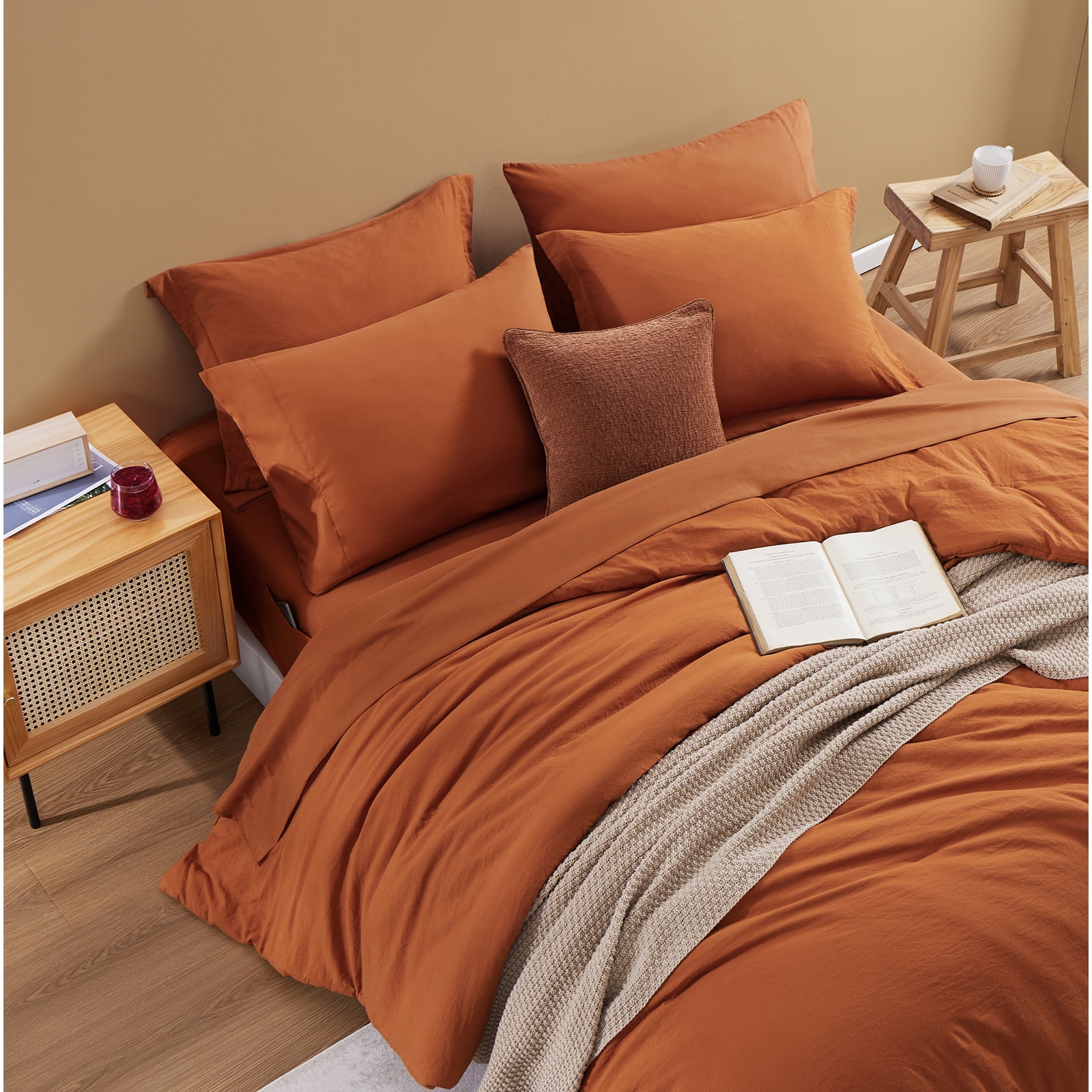 Amberspace Prewashed fabric 7-piece Bed in a Bag Comforter Set with Sheets,Burnt Orange,Queen