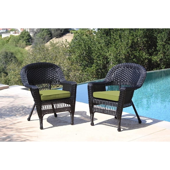 Jeco Black Wicker Chair with Green Cushion - Set of 2