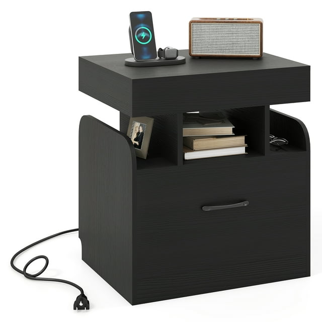 Gymax Nightsand w/ Charging Station Drawer & Sliding Top Storage Tray Open Shelves Black