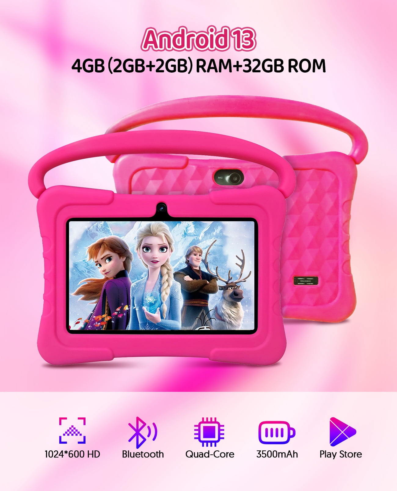 Tedupee Kids Tablet, Android 13 Kids Tablet, Quad Core Processor, 4GB(2G+2G)RAM+32GB ROM Storage, 1024 x 600 Touch Screen, WiFi, Bluetooth（Pink）