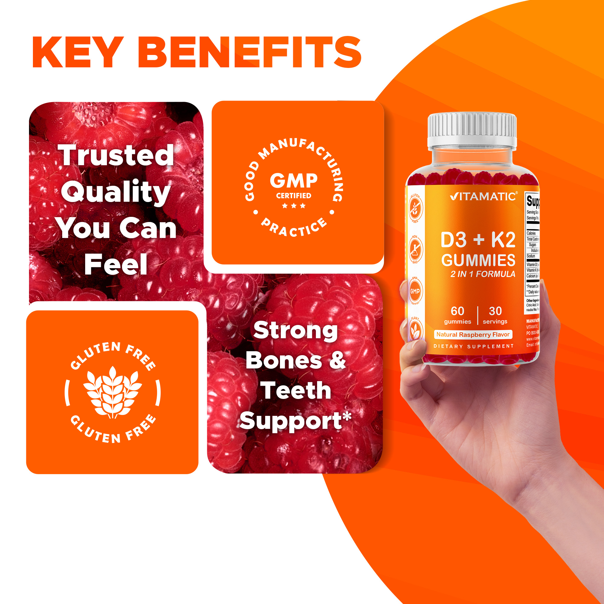 (2 pack) Vitamatic Vitamin D3 K2 Gummies - 60 Count - Supports Healthy Bone, Heart & Calcium Absorption, & Immune Health - Plant Based, Non-GMO, Gluten Free