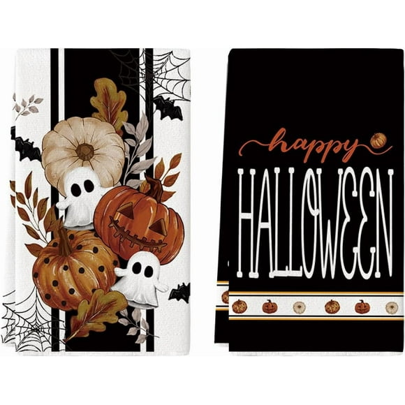 Black Ghost Polka Dot Pumpkin Happy Halloween Kitchen Towels Dish Towels, 18x26 Inch Farmhouse Flower Bat Decoration Hand Towels Set of 2