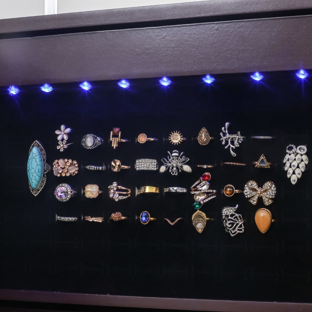 Jewelry Storage Mirror Cabinet, Nonfull Mirror Wooden Wall Mounted 4-layer Shelf, 2 Drawers, 8 Blue Led Lights