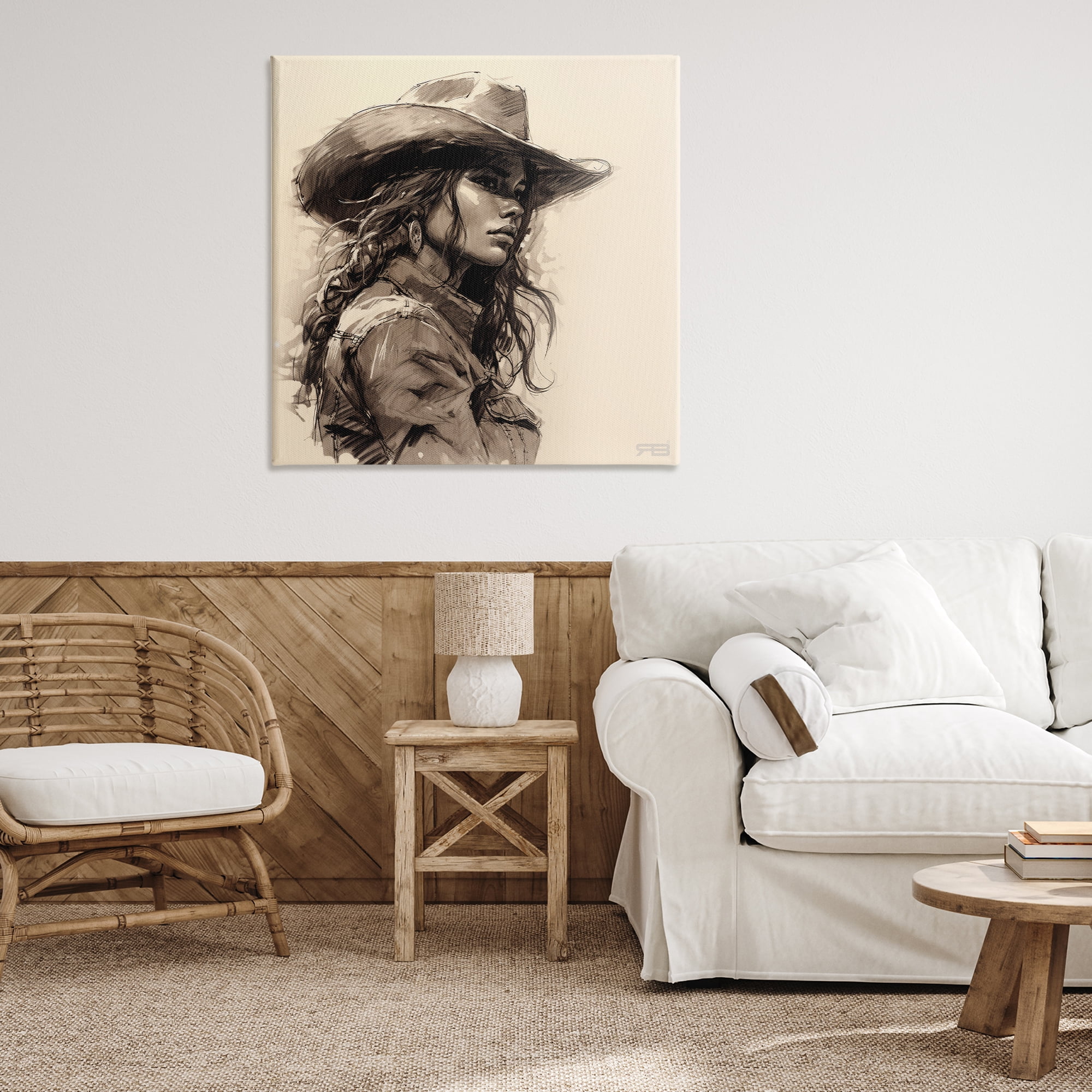 Stupell Industries Stoic Cowgirl Looking Away People Painting Wrapped Canvas Art Print Wall Art, 36 x 36