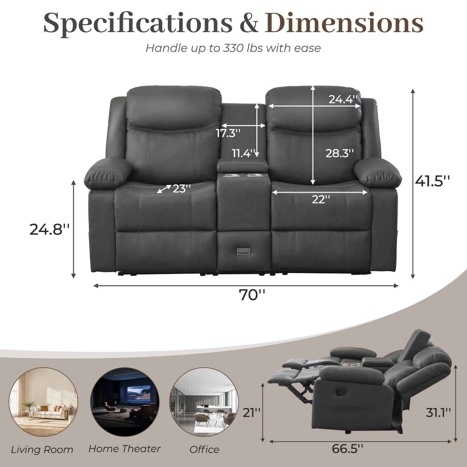 Loveseat Recliner Sofa, PU Leather Sofa Couch, Manual Recliner Loveseat with Console, Double Reclining RV Sofa with Cup Holders and Side Pocket for Living Room/Office/Apartment