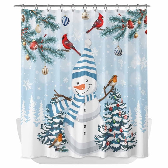 Xipuska Blue Snowman Christmas Shower Curtain - Water Repellent Fabric Shower Curtains Washable, Xmas Tree Snowflake Balls Decorative Polyester Cloth Bathroom Curtains Modern Bath Decor 72"x78"