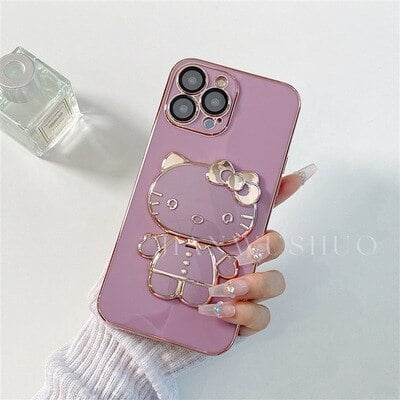 Hello Kitty-funda plegable para teléfono móvil, carcasa a prueba de golpes con espejo chapado, para IPhone 14, 13, 12, 11 Pro Max, 7, 8 Plus