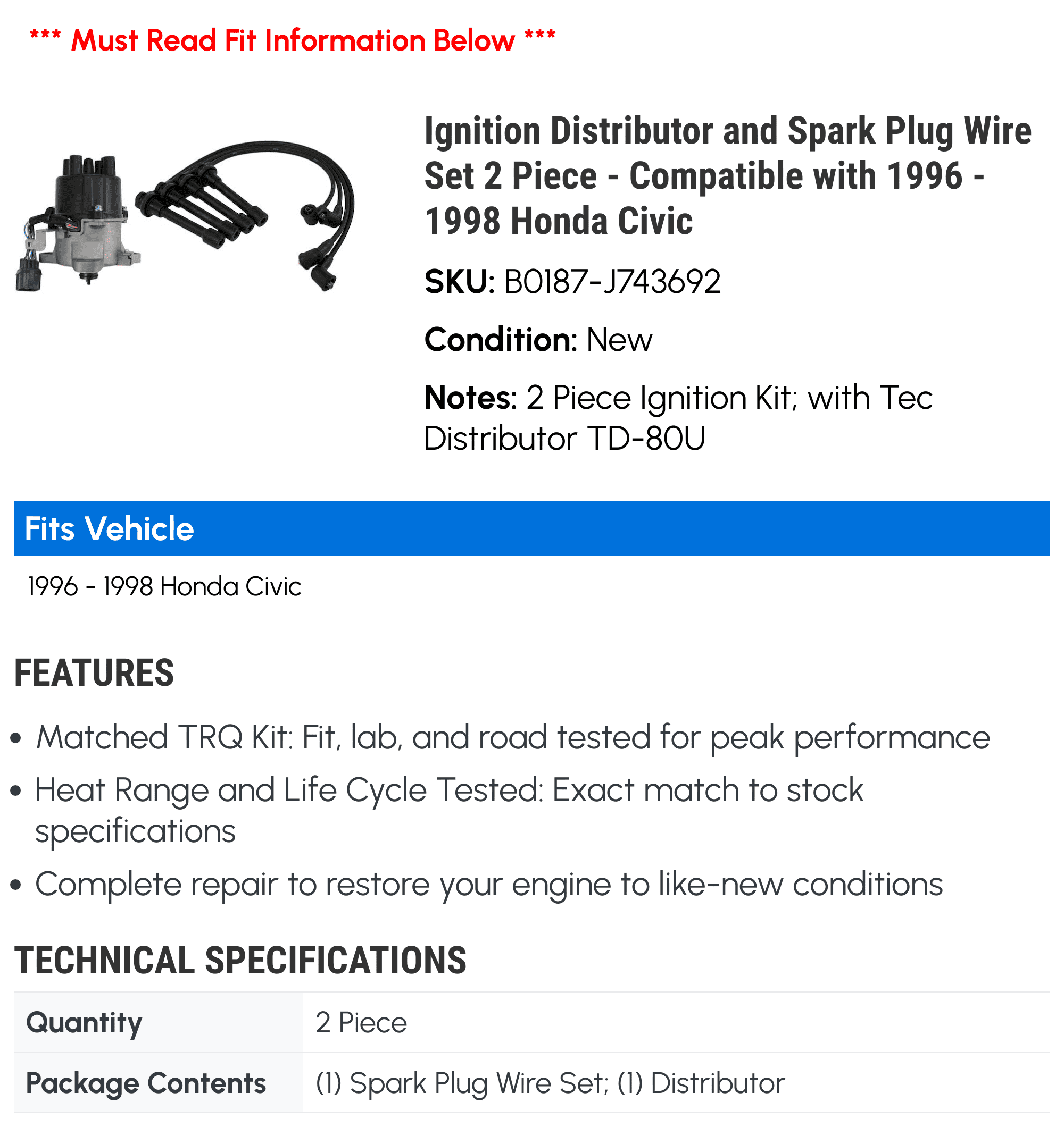 Ignition Distributor and Spark Plug Wire Set 2 Piece - Compatible with 1996 - 1998 Honda Civic 1997