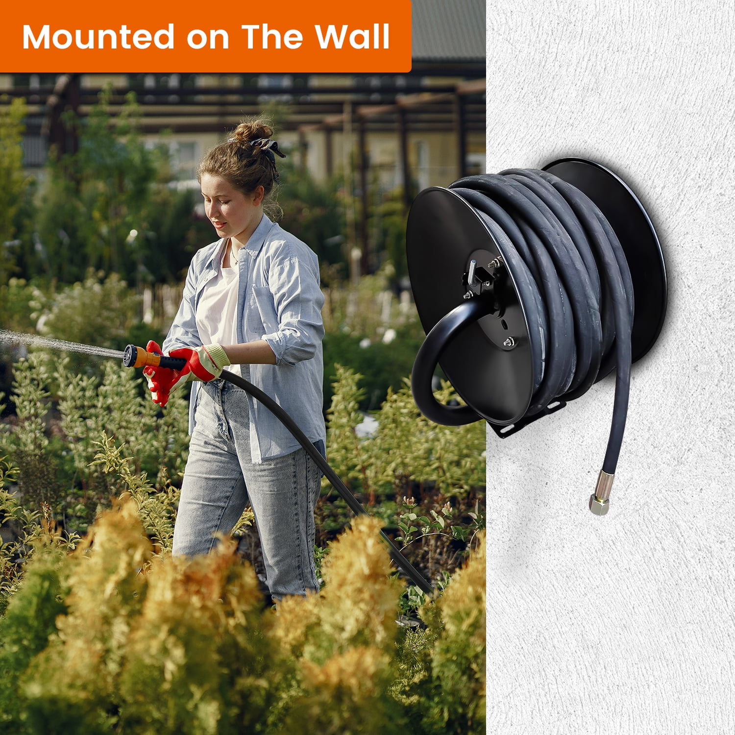 Imeshbean Black 100ft Wall-Mounted Hose Reel, Heavy Duty Steel with Hand Crank