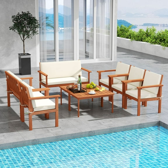 Gymax 8 Pieces Patio Furniture Set, Acacia Wood Porch Chairs w/ Table