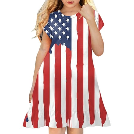 

B91xZ 4th of July Dresses Toddler Kids Girl Fourth Of July Independent Day Star Stripes Prints Short Sleeves Party Princess Hot Pink 7-8 Years