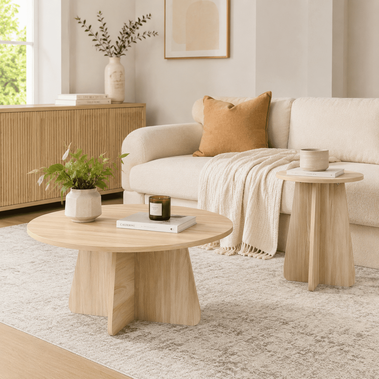 Retro Round Nesting Coffee Table Set of 2, Wood Grain Veneer MDF with Crisscross Legs, Walnut & Natural Wood Finish, Space Saving Stackable Side Tables for Living Room Small Apartment