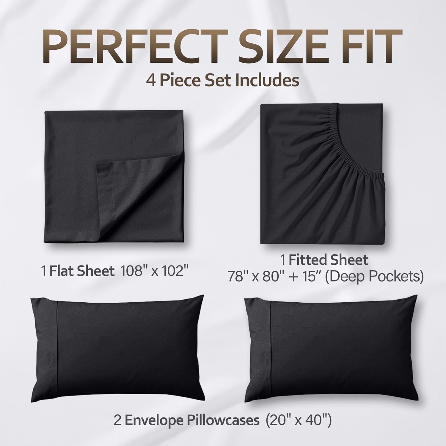 Beddora King Size Bed Sheet Set in Black– 4 Piece Microfiber Sheets, Ultra-Soft, Deep Pocket, Wrinkle-Resistant, Easy Care, Adult