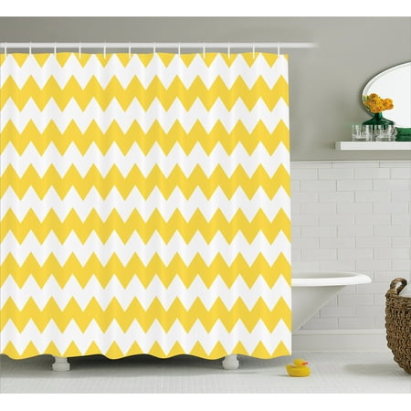 Yellow Stripe Shower Curtain - Yellow Chevron Shower Curtain, Old Fashioned Sharp Zigzag Stripes Geometric Sunny Summer Motif, Fabric Bathroom Set with Hooks, 69W X 84L Inches Extra Long, Earth Yellow White, by Ambesonne