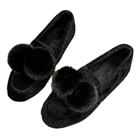 

huanledash Stylish Winter Warm Keeping Women Plush Hairball Decor Slip-on Flat Sole Shoes