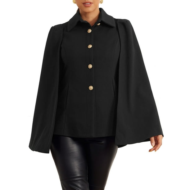 INSPIRE CHIC Blazer de Capa para Mujer con Botones y Mangas Divididas, Abrigo de Trabajo, Chaquetas de Chal Casual, Negro M