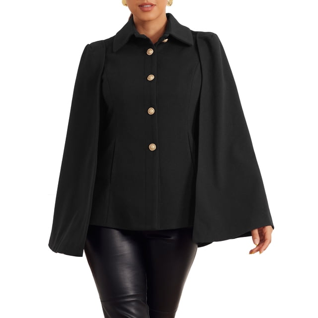 INSPIRE CHIC Women's Cape Blazer Button Front Split Sleeve Workwear Cape Coat Casual Shawl Jackets Black S