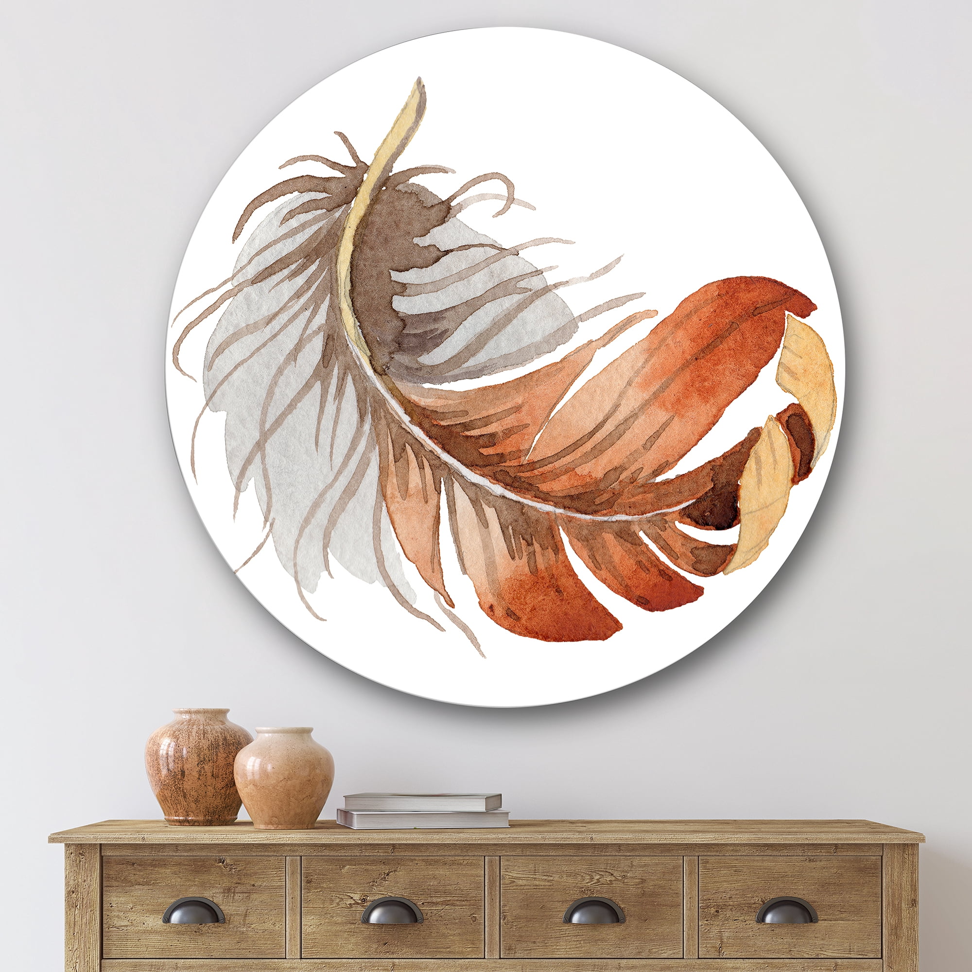 Designart 'Orange Ethnic Bird Feather On White' Bohemian & Eclectic Circle Metal Wall Art 29x29 - Disc of 29