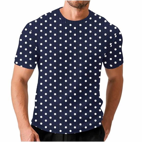 YUGYXL Polka Dot Top for Men Summer Casual Vacation Waffle Shirts Plus Size Tshirt Funny Graphic Tees Short Sleeve Shirt Navy M