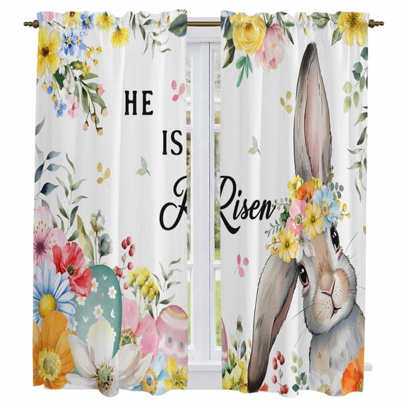 Easter Kitchen Curtains 63 Inch Length, Easter Bunny Spring Watercolor He Is Risen Flowers Tiers Curtains for Living Room Berdoom Bathroom, Light Filtering Drapes Window Treatment 2 Panels 42"Wx63"L