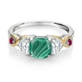 thumbnail image 2 of Gem Stone King 925 Silver and 10K Yellow Gold 3-Stone Ring Cushion Malachite Half Moon Moissanite (2.16 Carat Cttw) (Size 8), 2 of 4