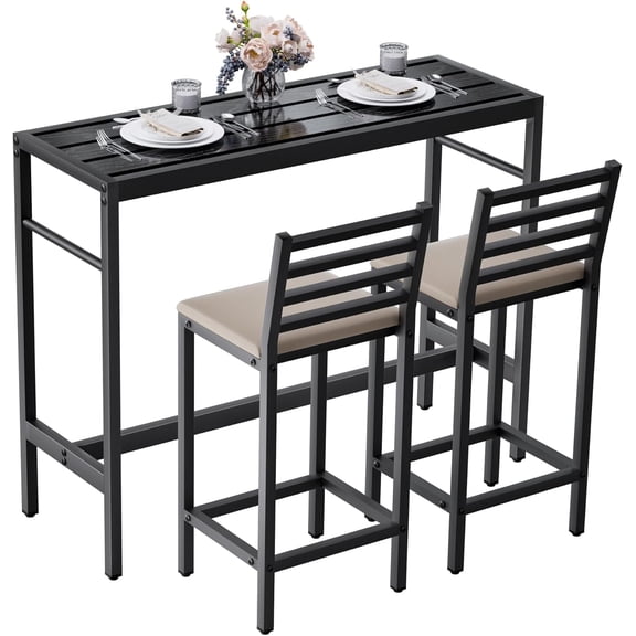 Gaonala 3 Piece Outdoor Patio Bar Set 50" Rectangular High Top Table with 2 Cushioned Stools Metal for Poolside Backyard(Black）