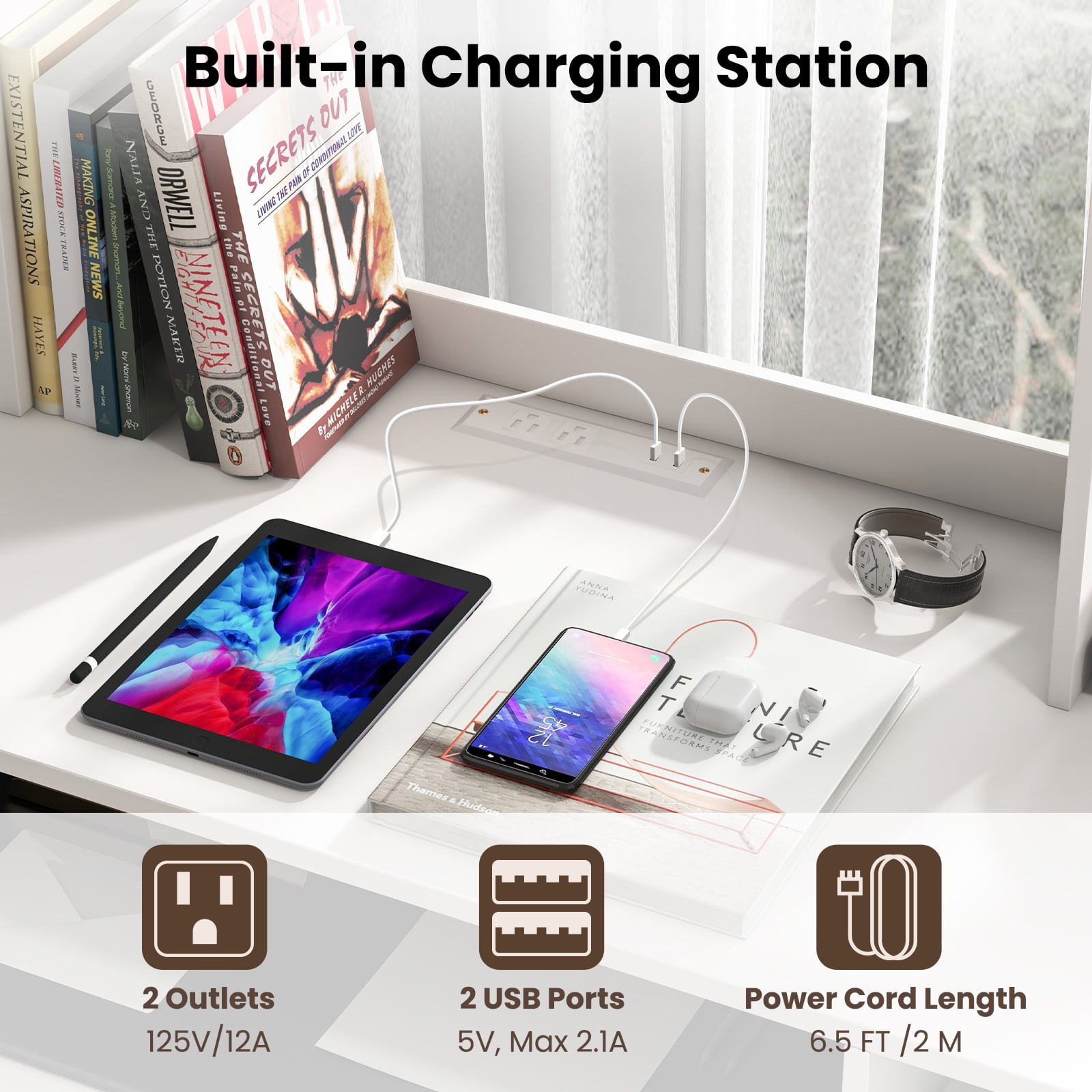 Topbuy Computer Desk w/ Charging Station 43.5” Gaming Table Workstation w/ Keyboard Tray CPU Stand & Storage Shelves White