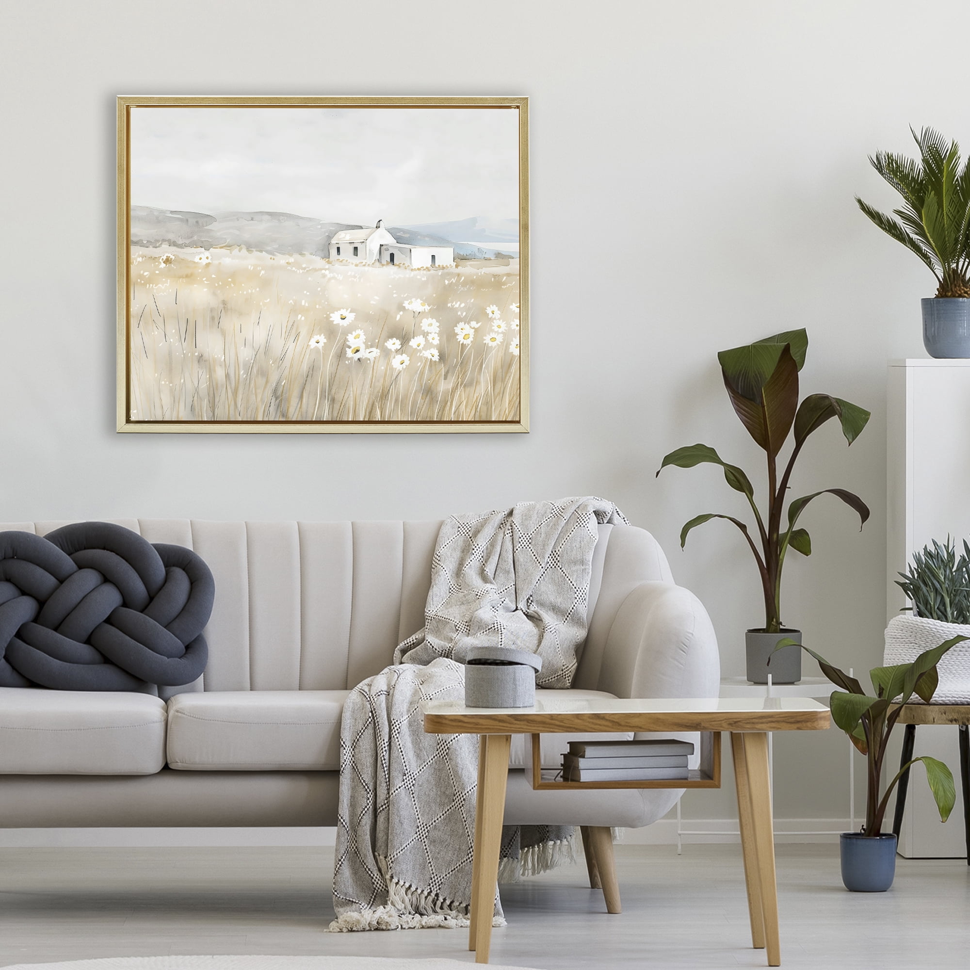 Stupell Industries Rustic Landscape Daisy Meadow Gold Framed Floater Canvas Wall Art, design by Creative Studio