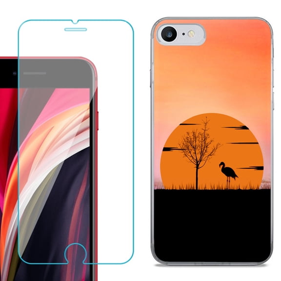 Slim-Fit Fashion Gel Phone Case for iPhone SE 2022, with Tempered Glass Screen Protector, by OneToughShield ® - Sunset Flamingo