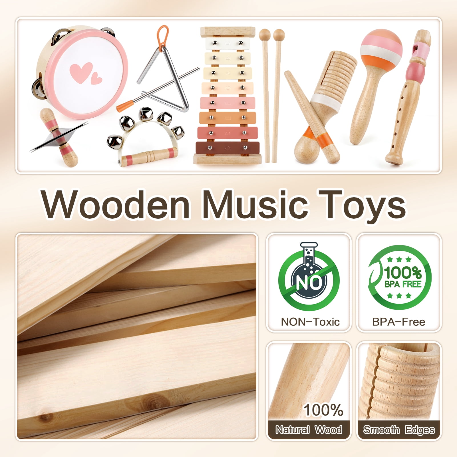Vanplay Wooden Musical Instrument Set for Toddlers, 8-Piece with Xylophone and Drums