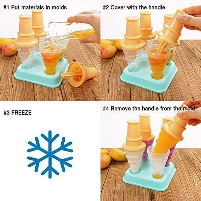 Groupnineet Popsicle Molds Set of 4 Resuable Ice Pop Mold DIY Homemade Ice Cream Maker Baby Kid Infant w/Drip Catcher Healthy Fruit Snack with Cartoon Cone-Shaped