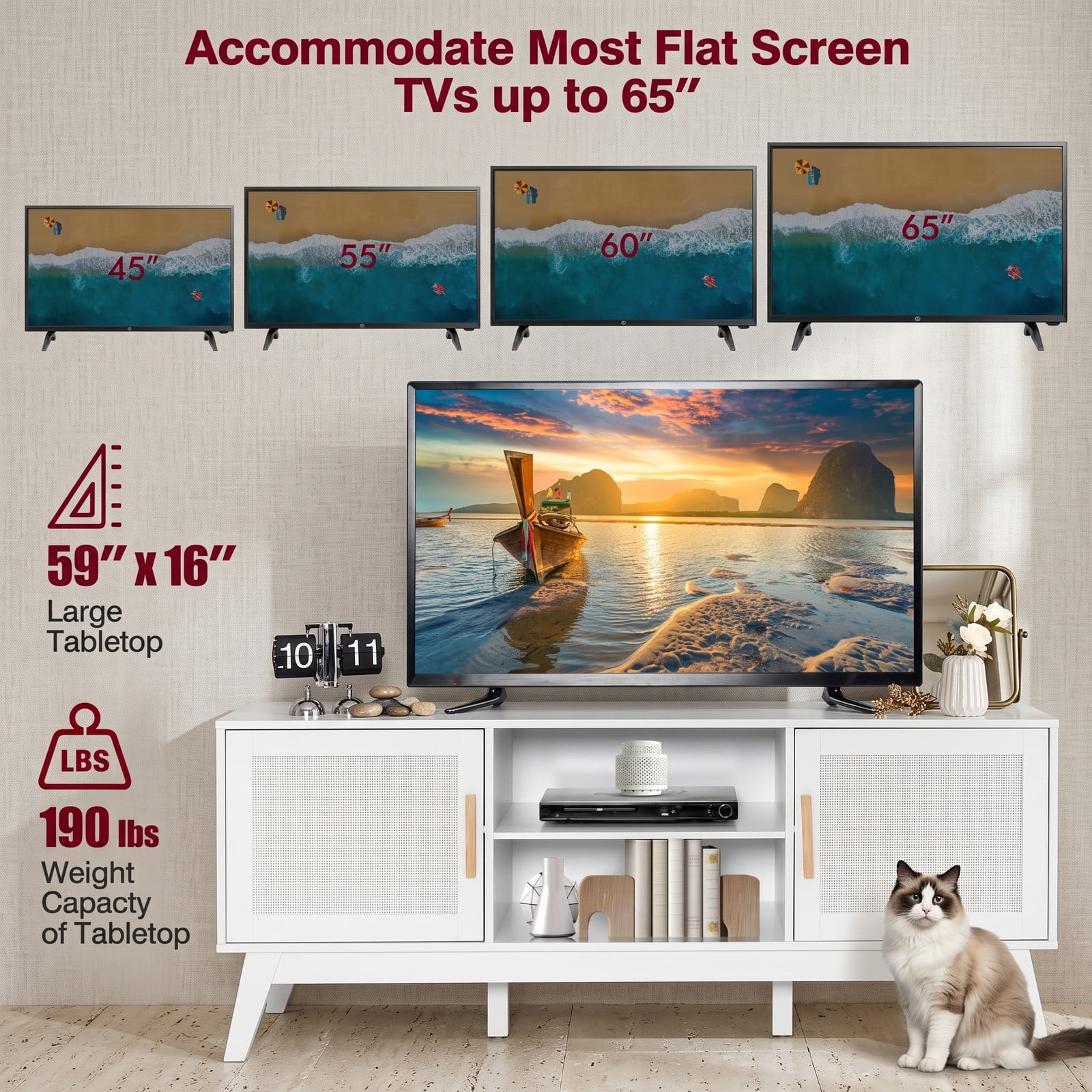 Furnibear TV Stand Entertainment Center Media Console with 2 Rattan Door Cabinets and Open Shelves for TVs up to 65 Inch, Living Room Bedroom Storage Console, White