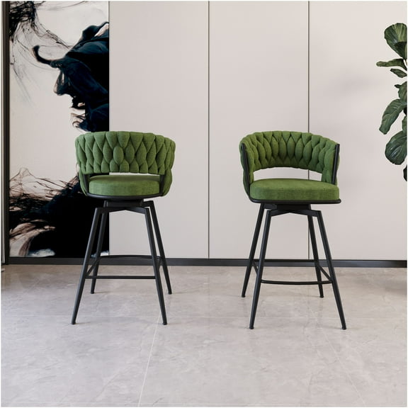 JERFIT 2-Pack Green Linen Upholstered Swivel Bar Stools with Woven Back, Footrest and 360-Degree Rotation for Kitchen Island, Counter Height