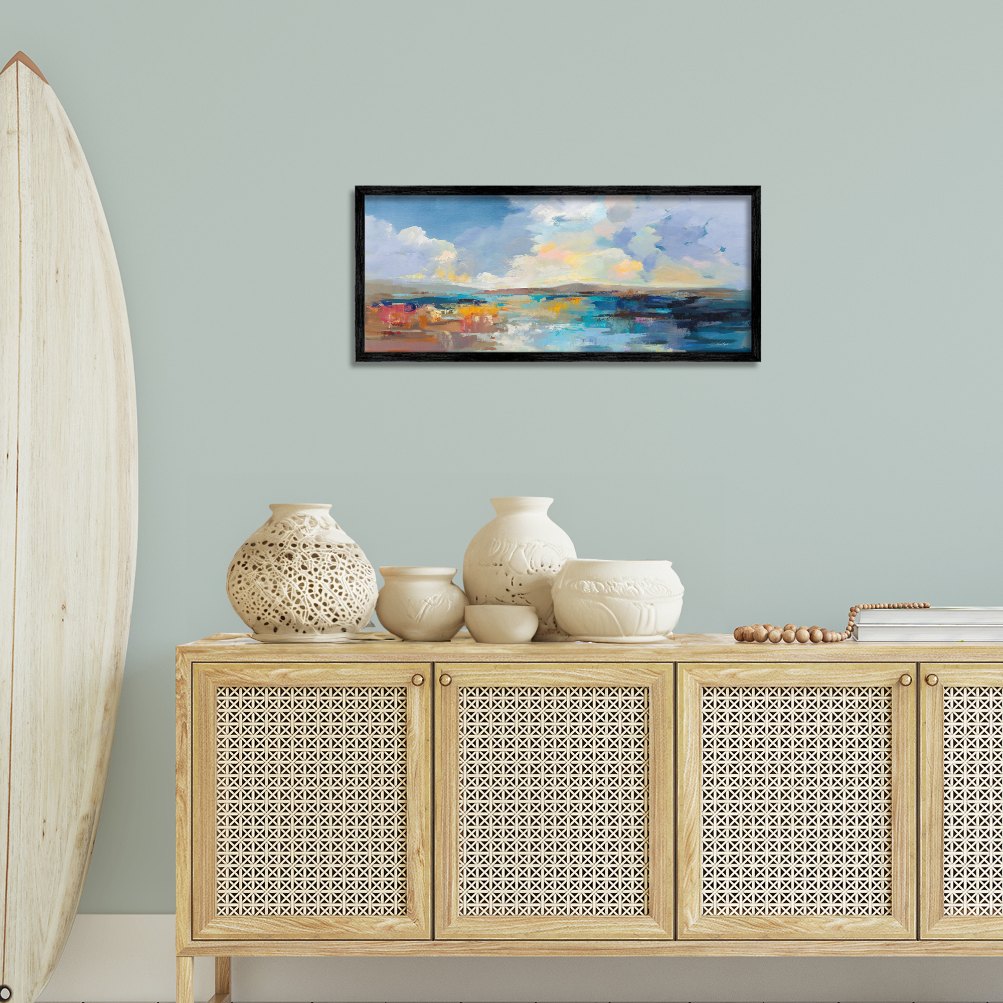Stupell Industries Seaside Sunset Abstract Landscape Painting Black Framed Art Print Wall Art, 30 x 13