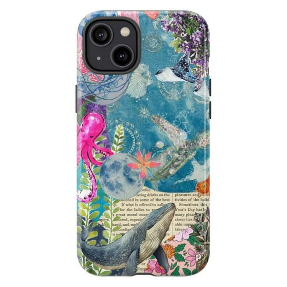 Fantasy Ocean & Floral Phone Case for iPhone 17 16 15 14 13 12 11 Pro Max Mini Plus, Octopus Moon Nautical Art Phone Cover