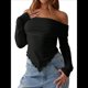 thumbnail image 3 of Camiseta Asimétrica Ajustada de Larga con Hombros Descubiertos Y2K para Mujer Negro M, 3 of 10