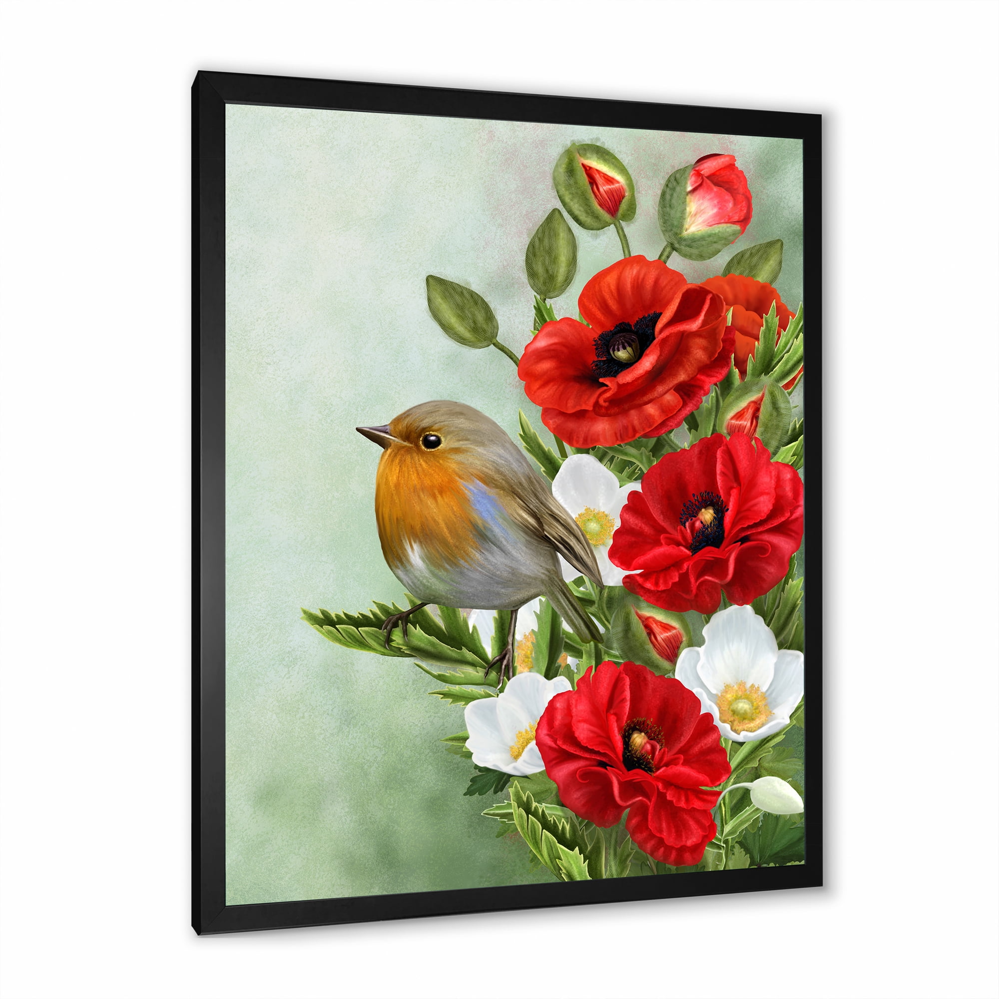 Designart 'Red Poppies and White Anemones With Yellow Bird' Traditional Framed Art Print