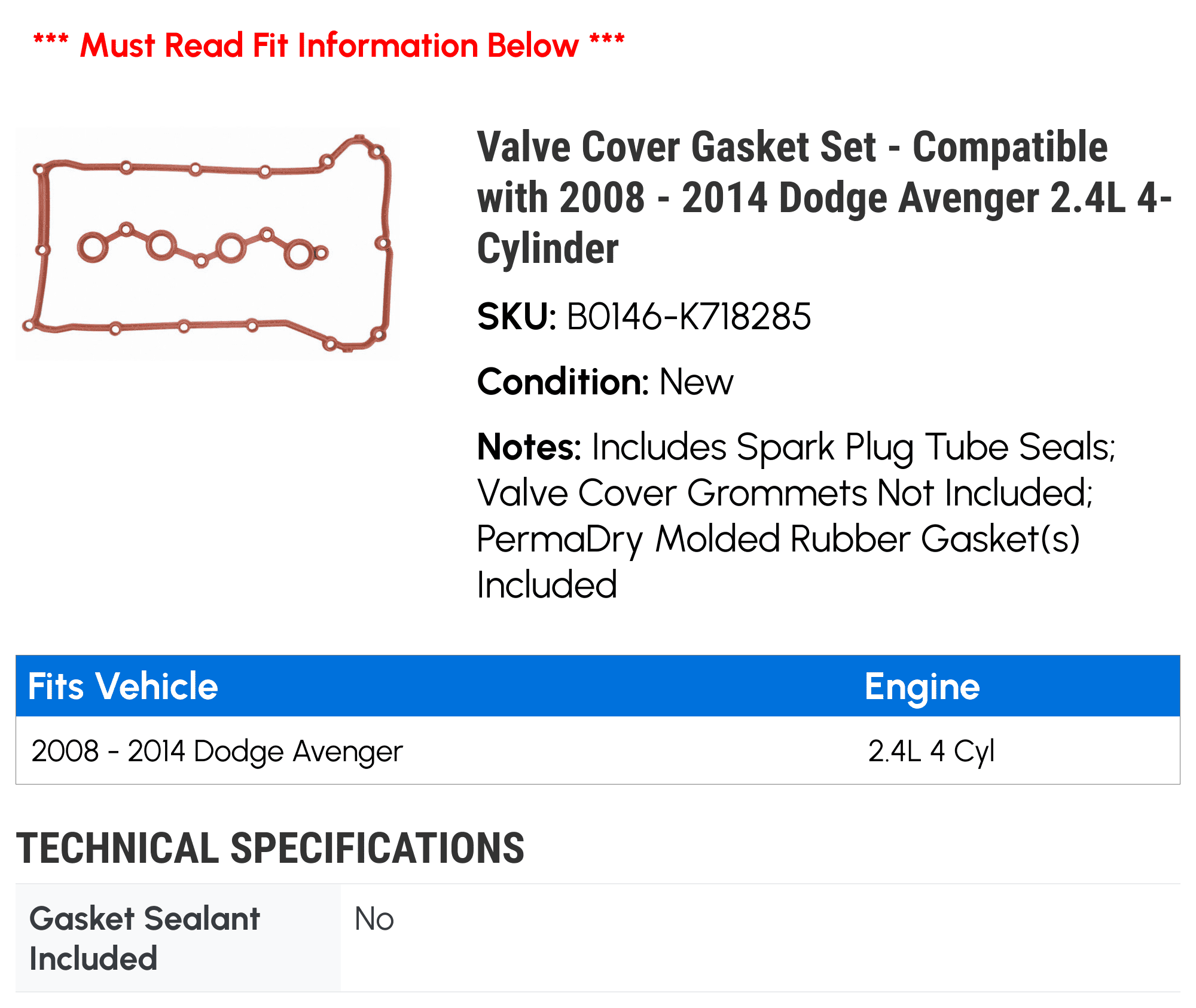 Valve Cover Gasket Set - Compatible with 2008 - 2014 Dodge Avenger 2.4L 4-Cylinder 2009 2010 2011 2012 2013